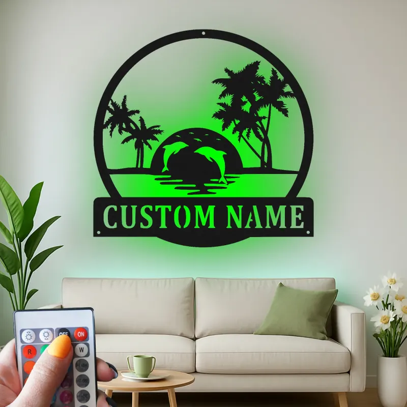 Custom Tropical Sunset with Dolphins Led Light Metal Wall Art Personalized Beach Lover Gift Coastal Living Room Decor