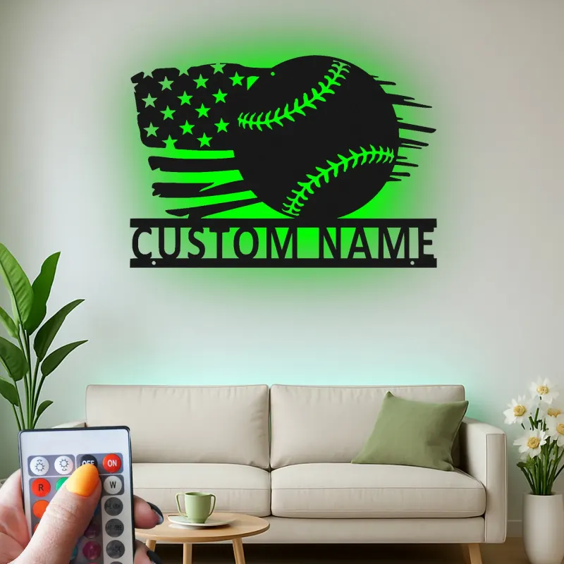 Insegna in metallo personalizzata con luce LED bandiera americana per baseball, regalo sportivo per fan del baseball, decorazione per sala giochi