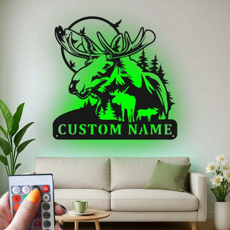 Custom Moose Family LED Metal Sign | Personalized Wildlife Wall Art | Rustic Cabin Decor for Nature Lovers & Hunters