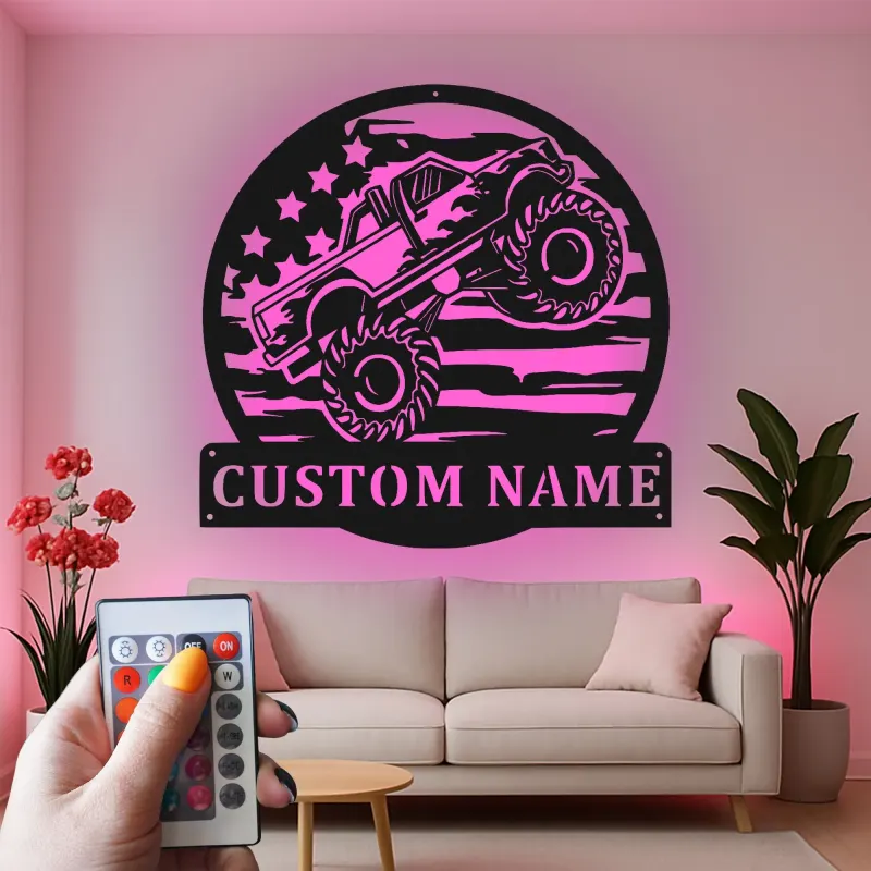 Panneau LED Personnalisé Monster Truck | Décoration Murale en Métal pour Garage ou Chambre de Garçon | Cadeau Décor Off-Road pour Lui