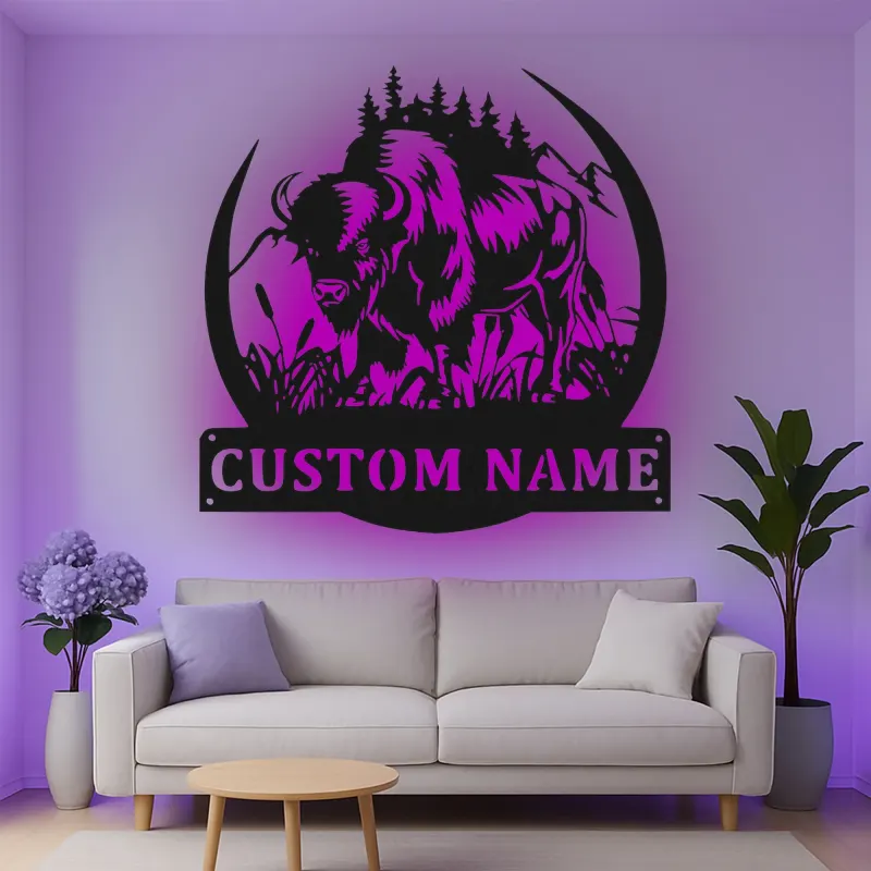 Décoration murale en métal LED personnalisée Bison Cadeau faunique pour les amoureux de la nature Décor de chalet ou de lodge