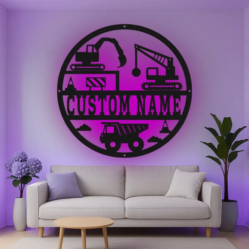 Custom Construction Site Led Light Metal Wall Art Personalized Gift for Kids Bedroom Decor for Little Builders