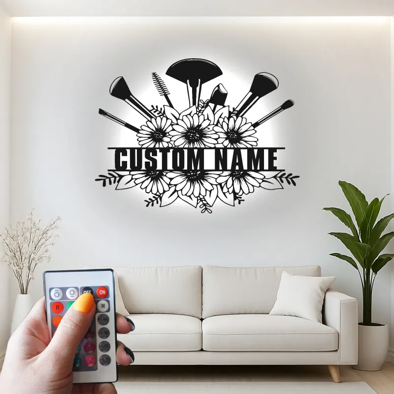 Panneau maquilleuse sur mesure | Décoration murale florale LED en métal | Décor personnalisé pour salon de beauté | Logo coiffeuse