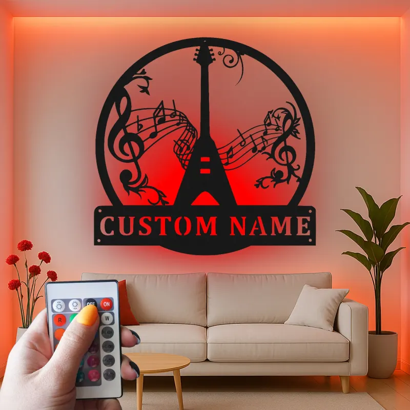 Insegna LED in metallo con chitarra personalizzata | Insegna personalizzata con nome per musicisti | Arredo per home studio | Regalo per chitarristi