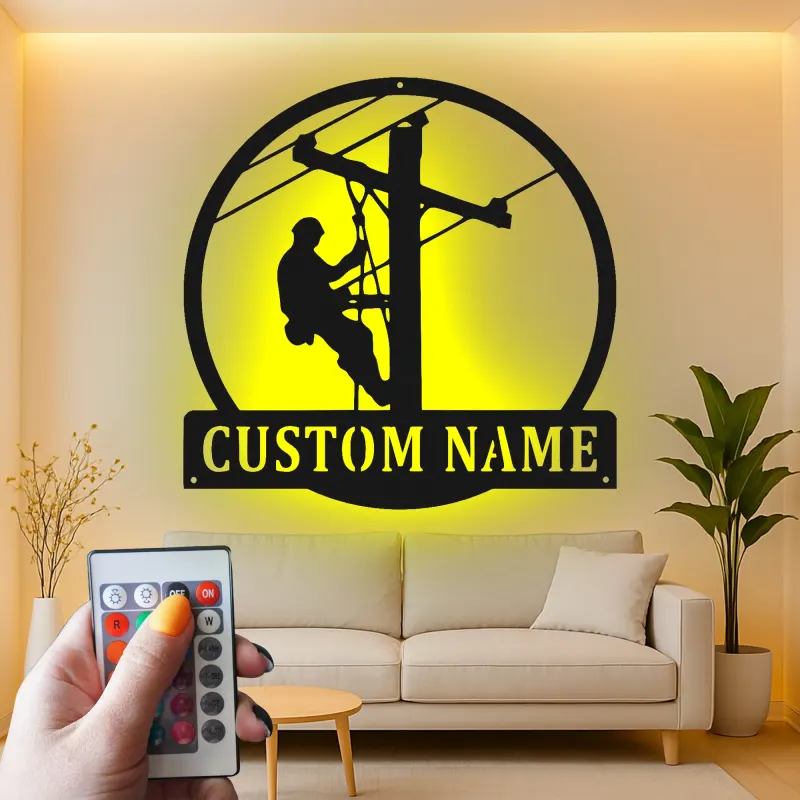 Regalo Personalizzato per Lineman | Insegna in Metallo Retroilluminata con LED | Insegna per Elettricista | Decorazione per Lavoratori di Pali