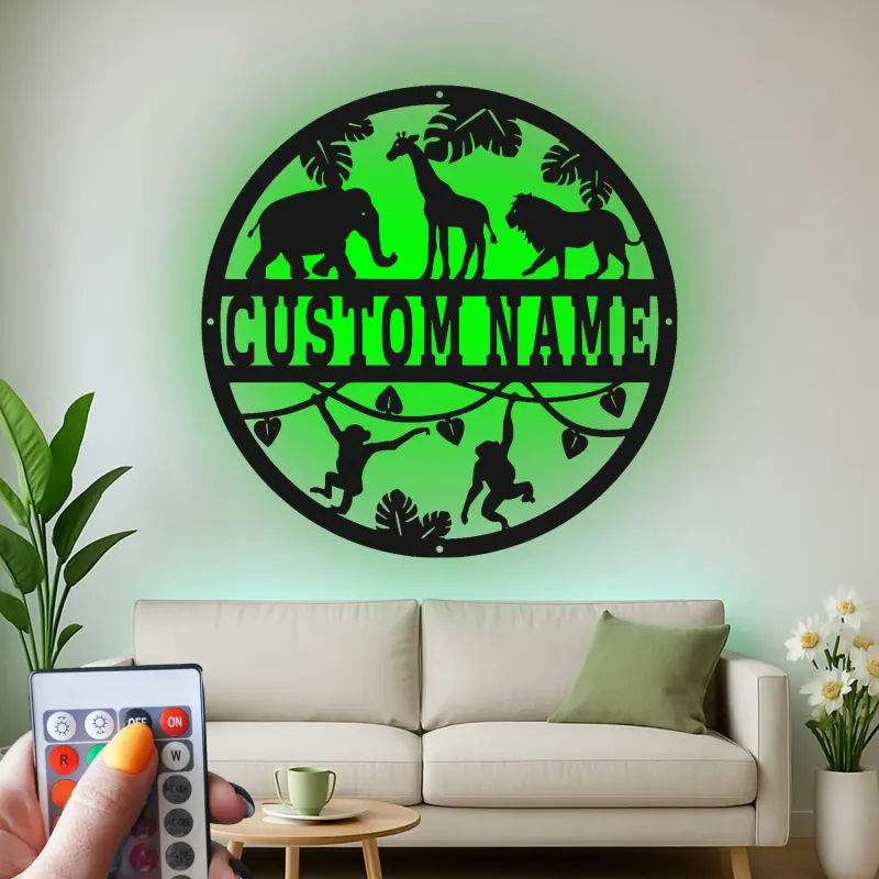 Insegna con Nome Safari Personalizzata | Arte da Parete in Metallo LED per Nursery | Decorazione per Stanza dei Bambini a Tema Giungla | Regalo per Baby Shower Personalizzato