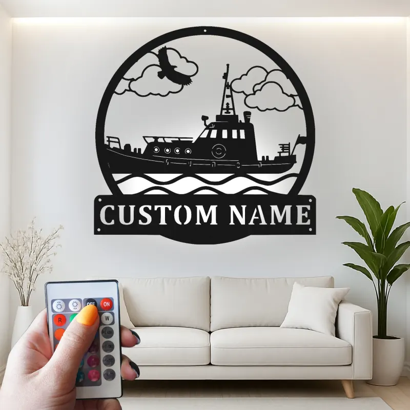 Décoration murale en métal personnalisée Remorqueur avec rétroéclairage LED Cadeau nautique pour les amoureux de bateaux Décor maritime personnalisé pour la maison