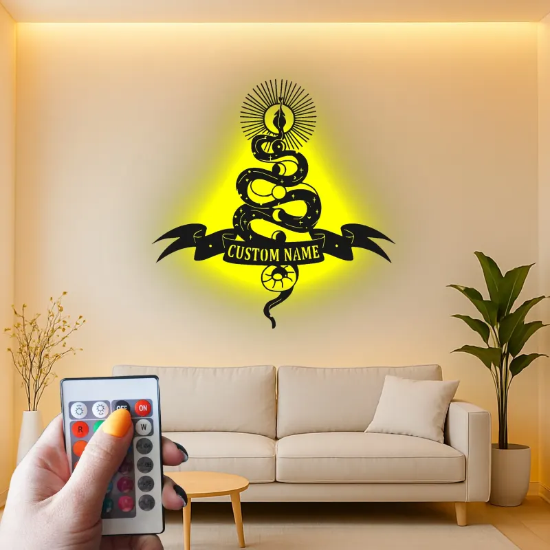 Insegna LED con serpente mistico | Arte in metallo personalizzata | Decorazione celestiale per saloni e studi | Targa gotica personalizzata