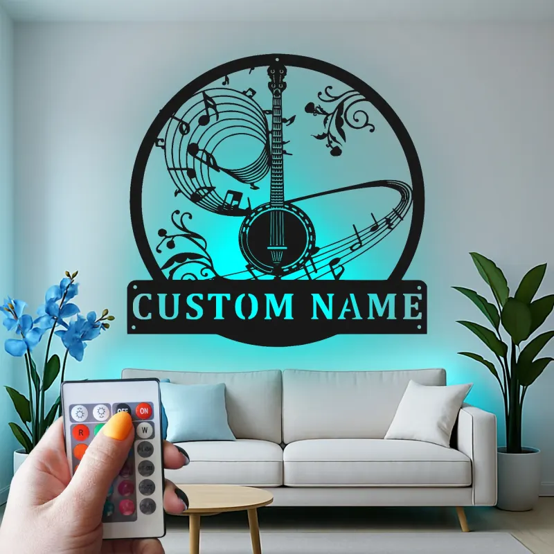 Cartel de metal LED de notas musicales de banjo personalizado, regalo para músicos, decoración para sala de música