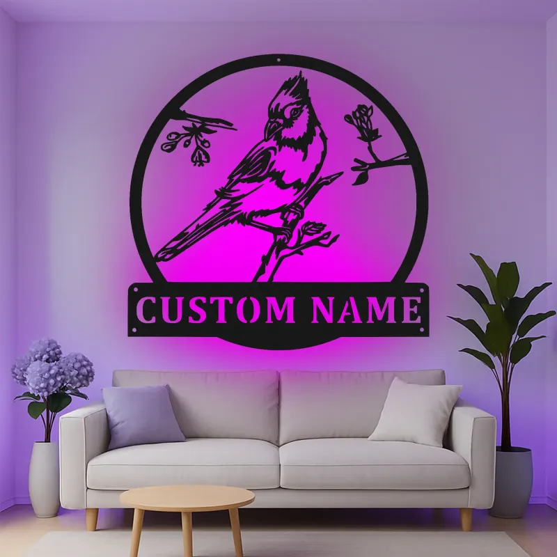 Custom Bird on Branch Led Light Metal Wall Art Personalized Nature Lover Gift Living Room or Garden Decor 1