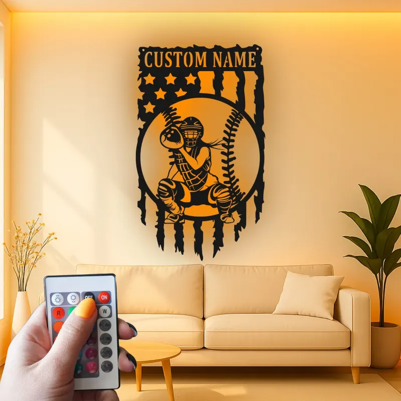 Insegna in metallo personalizzata con luce LED per catcher di baseball - Regalo sportivo personalizzato per atleti e decorazione per sale giochi