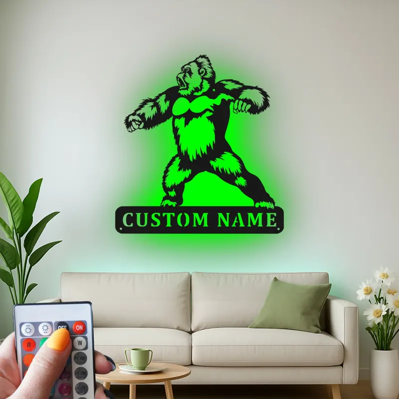 Arte murale in metallo LED con gorilla | Insegna personalizzata con nome per man cave | Arredo personalizzato con fauna selvatica | Silhouette animale retroilluminata