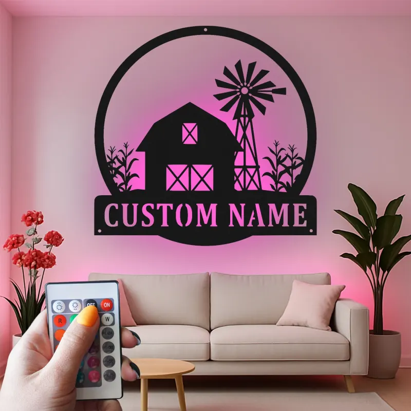 Custom Farmhouse Barn Led Light Metal Wall Art Personalized Gift for Farmers Rustic Home Decor