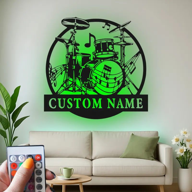 Insegna in metallo LED a forma di set di tamburi personalizzata Regalo per musicisti Decorazione per sala musica per batteristi