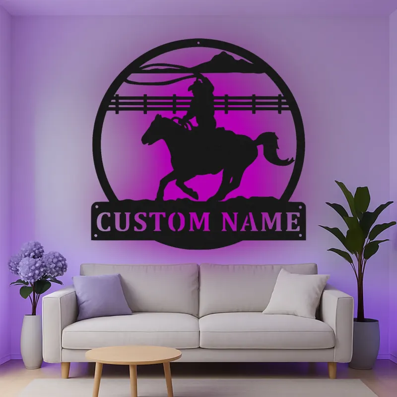 Custom Cowboy Rodeo Led Light Metal Wall Art Personalized Western Gift for Him Ranch Living Room Decor