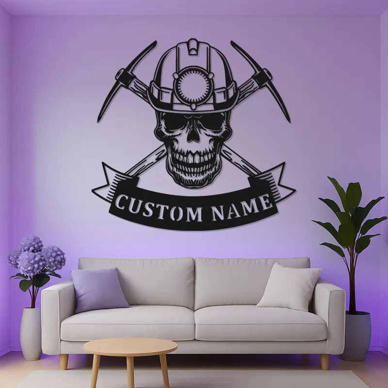 Personalisierte Kohlenbergmann Schädeltafel | LED Metall-Wandkunst für Man Cave | Vintage Bergmannhelm & Pickaxe Dekor | Geschenk für Ihn