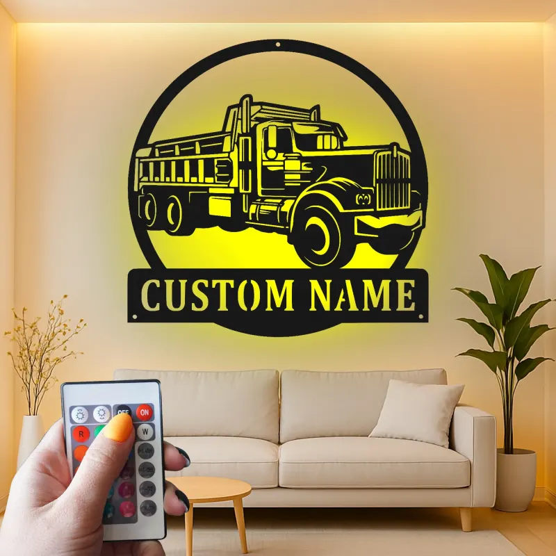 Custom Dump Truck Led Light Metal Wall Art Personalized Gift for Truck Enthusiast Garage or Man Cave Decor