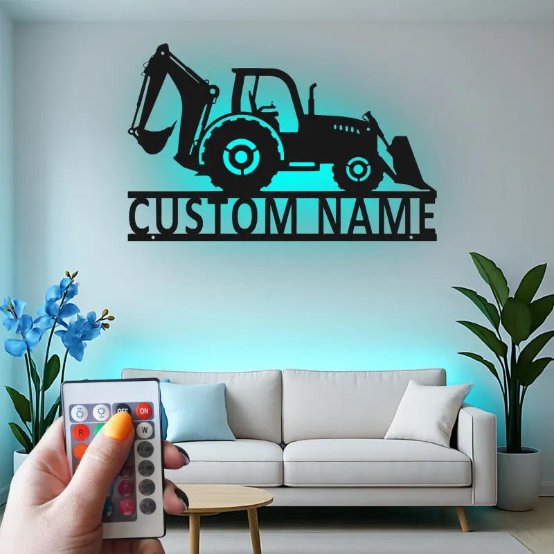 Custom Backhoe Tractor Led Light Metal Wall Art Personalized Gift for Construction Enthusiast Garage or Office Decor