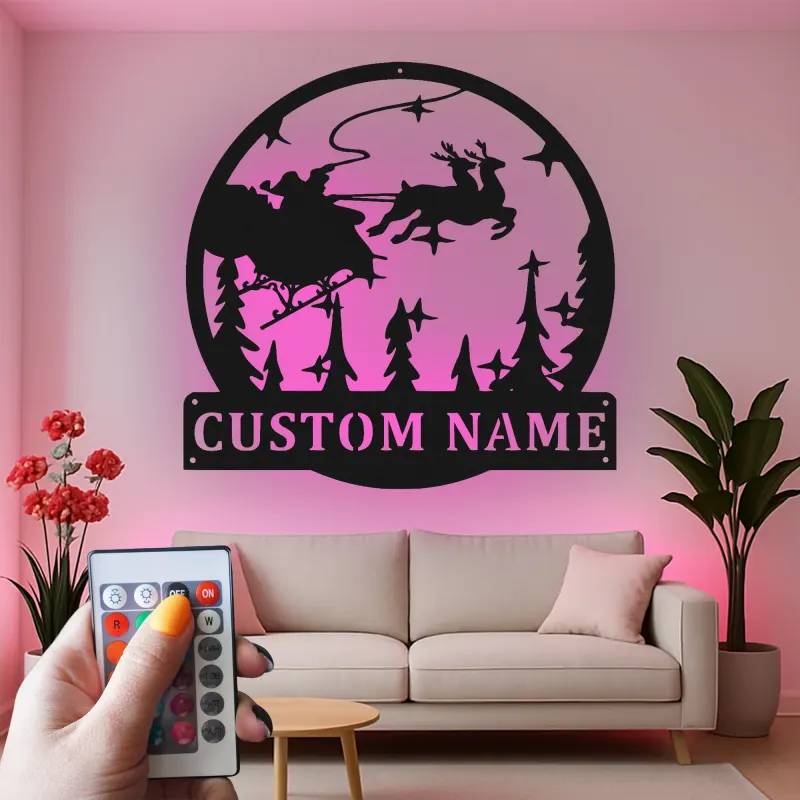 Cartel de metal personalizado de trineo de Santa | Decoración mural navideña LED | Arte navideño personalizado con nombre de familia | Silueta festiva de reno