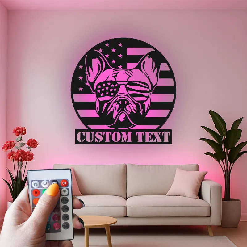 Décoration murale en métal personnalisée avec bulldog et drapeau américain éclairée LED - Cadeau patriotique pour les amoureux des chiens