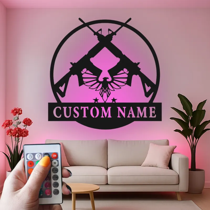 Insegna in metallo personalizzata con fucile e aquila e luce LED regalo per appassionati di armi decorazione per man cave o garage