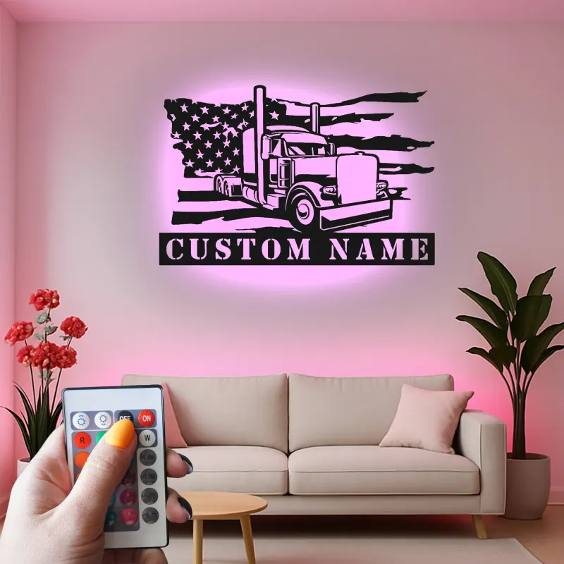 Personalisierte Semi-Truck LED Metall-Schild | Amerikanische Flagge Wandkunst | Individuelle Trucker Namensschild | Big Rig Garage & Man Cave Dekor