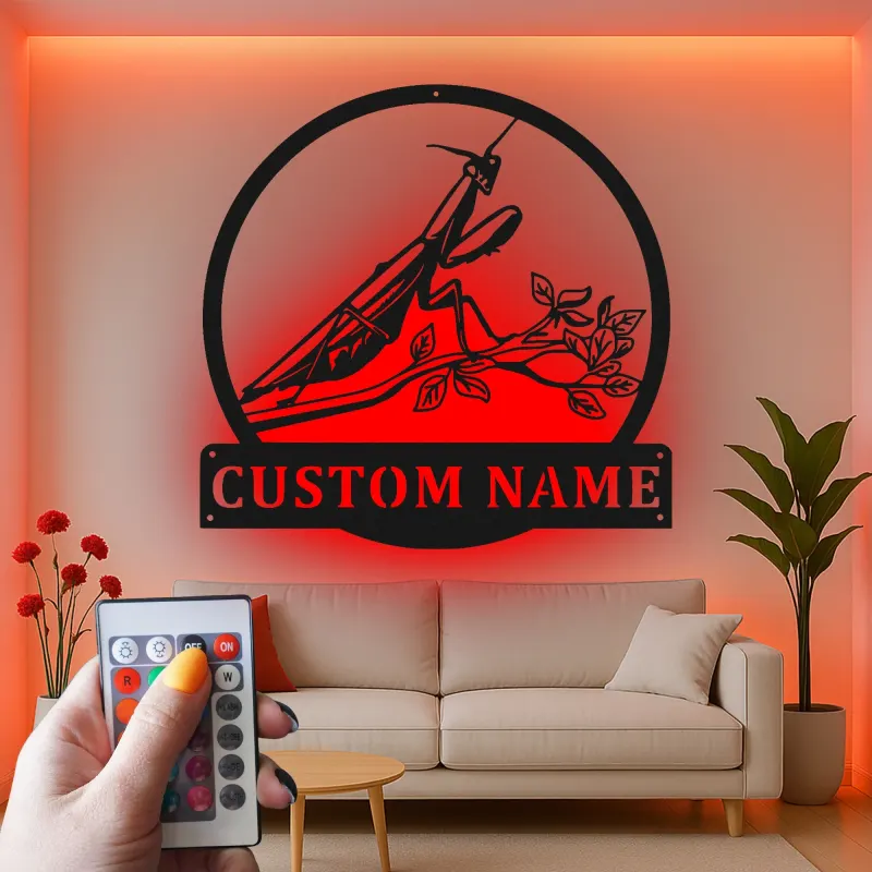 Praying Mantis LED Metal Art | Custom Name Sign for Garden Lovers | Realistic Insect Wall Decor