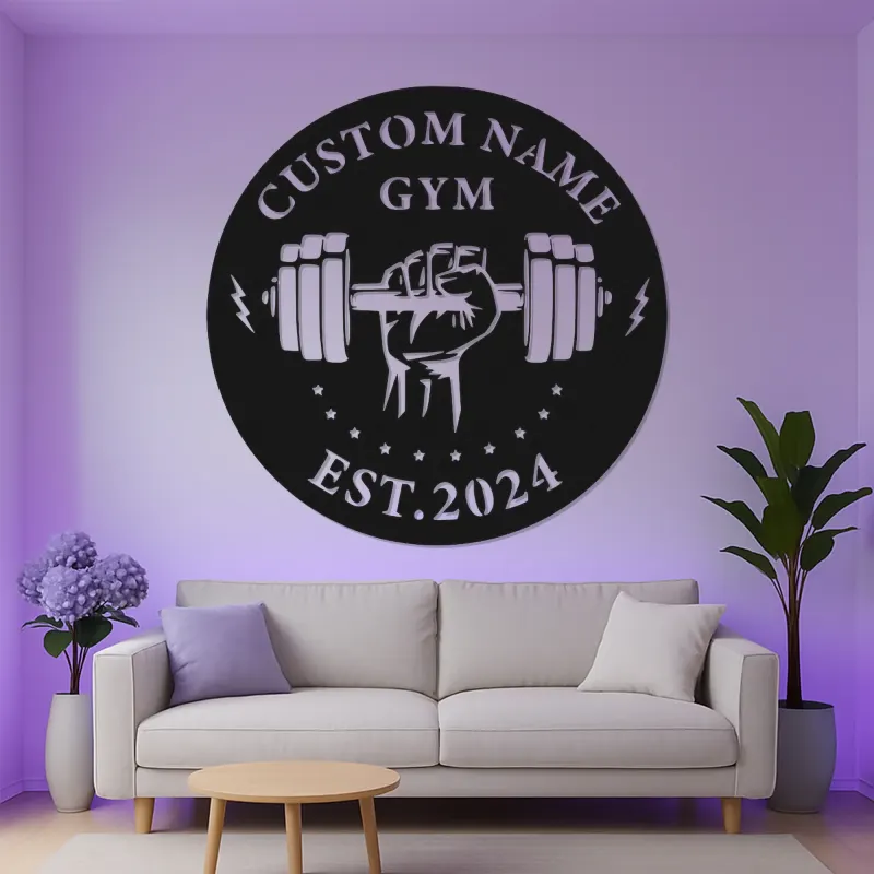 Insegna palestra personalizzata con luce LED | Decorazione murale in metallo personalizzata per home gym | Logo weightlifting per appassionati di fitness