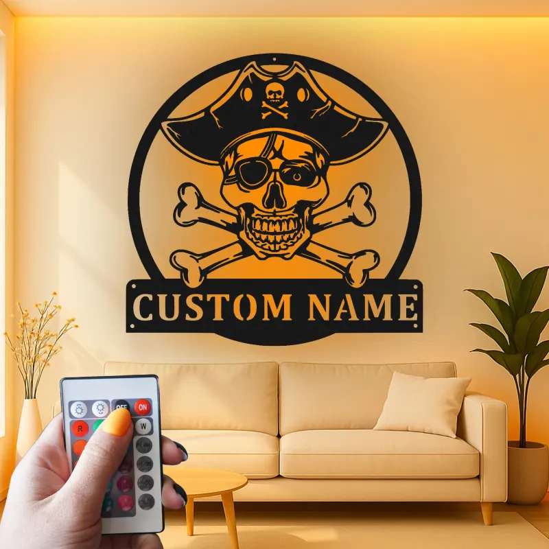 Insegna LED Teschio Pirata | Arte Murale Nautica Personalizzata | Decorazione per Man Cave e Insegna per Bar di Casa con Luci RGB