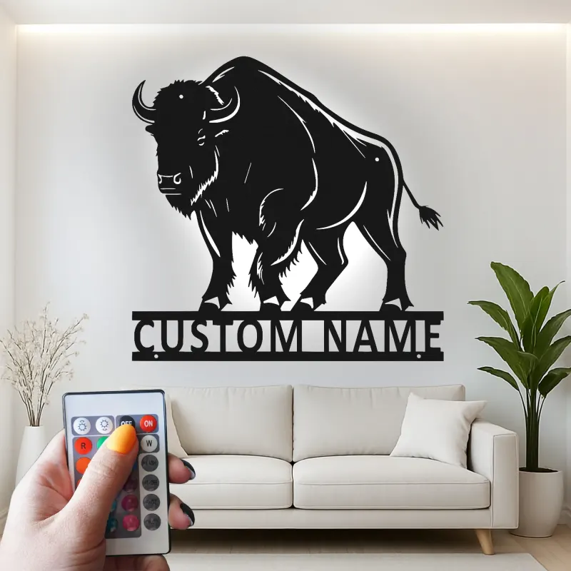Insegna in metallo LED personalizzata con bisonte - Regalo per amanti della natura e decorazione rustica per il soggiorno