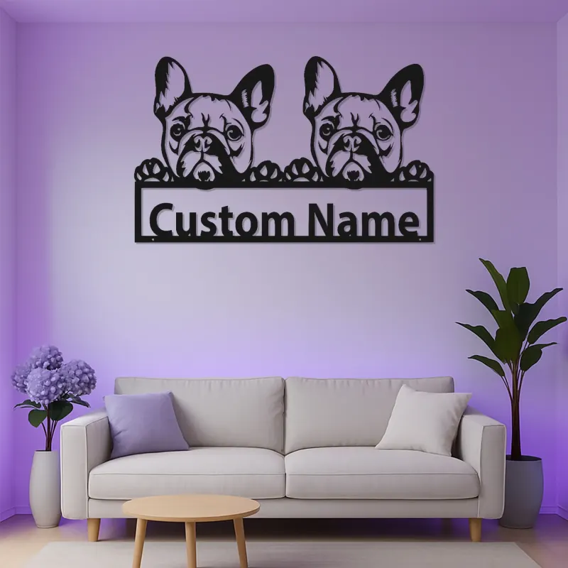 Insegna in metallo personalizzata con Bulldog Francese | Decorazione murale LED su misura | Regalo per lei amante dei cani | Arredo con nome del pet