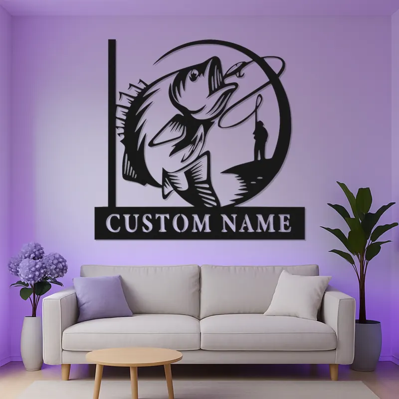 Enseigne de pêche personnalisée avec LED | Décoration murale en métal personnalisée pour pêcheurs | Cadeau décoratif pour maison de lac et chalet