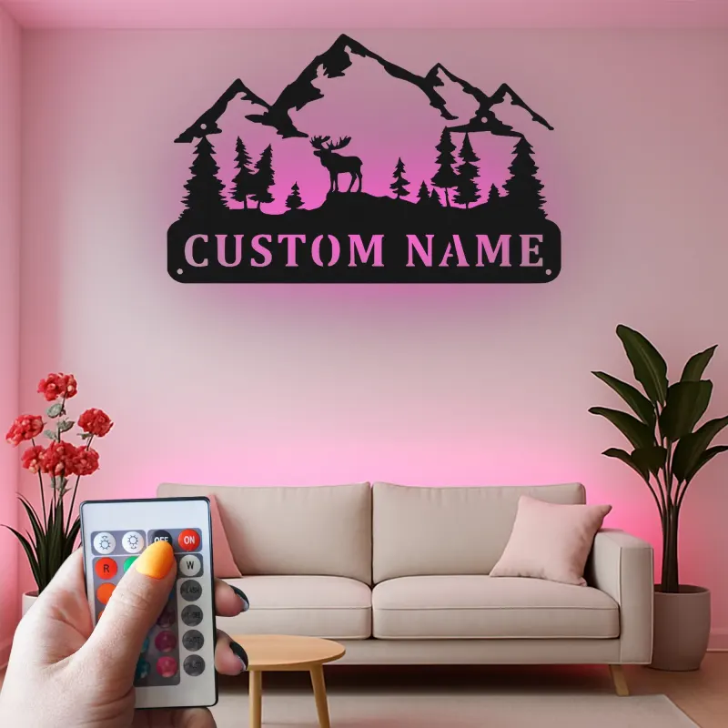 Cartel de metal con alce personalizado con LED | Decoración mural de montaña personalizada | Decoración rústica para cabaña y regalo para amantes del aire libre