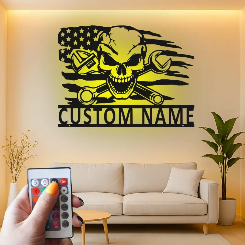 Panneau de garage mécanicien personnalisé | Art mural en métal crâne avec LED | Décor de cave à vin avec drapeau américain | Cadeau pour lui