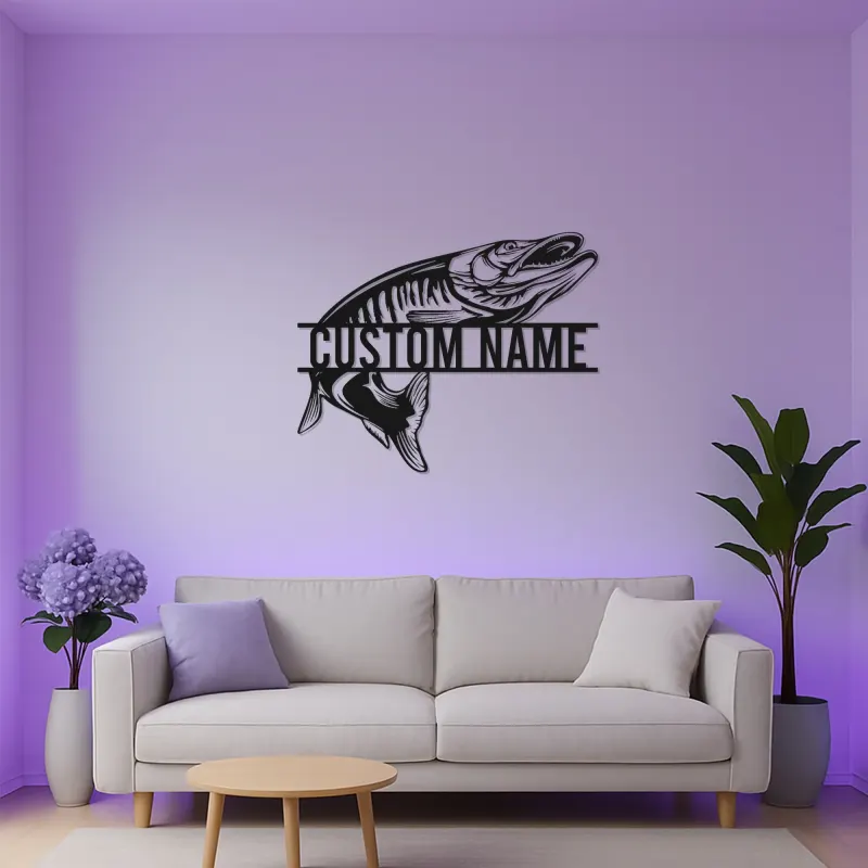 Insegna in metallo personalizzata con pesce e LED | Arte con nome del pescatore su misura | Arredo moderno rustico per casa al lago, baita e man cave