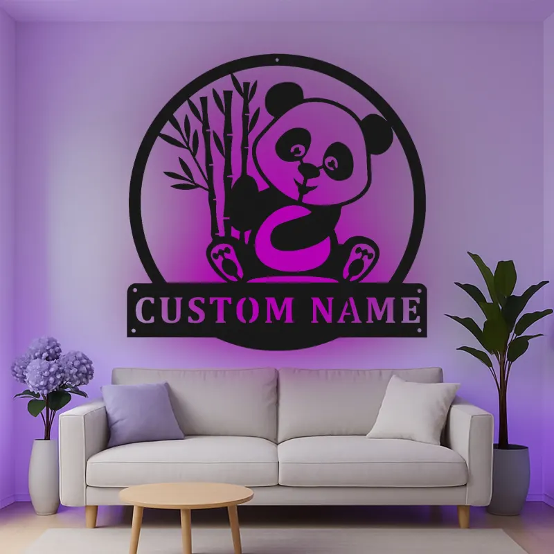 Custom Panda Led Light Metal Wall Art Personalized Nursery Gift Kids Room Animal Decor