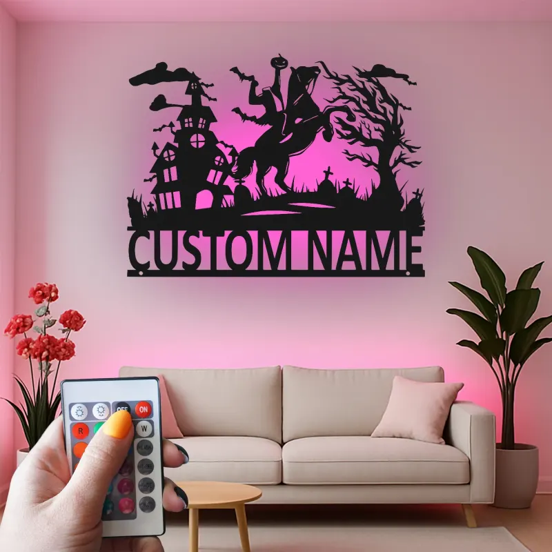 Headless Horseman Metal Sign with LED | Custom Halloween Decor | Personalized Spooky Wall Art for Home & Porch