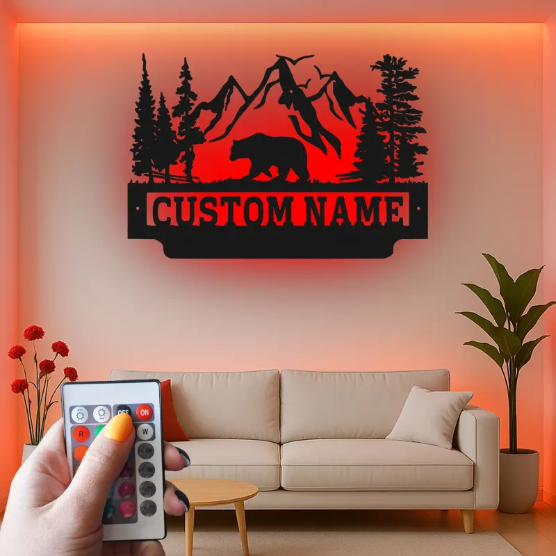 Cartel de metal LED de oso de montaña personalizado, regalo para amantes de la naturaleza, decoración de cabaña o refugio