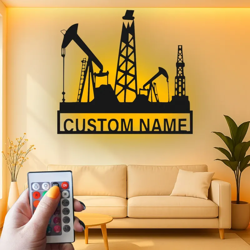 Oil Rig LED Metal Wall Art | Custom Oilfield Name Sign for Office | Industrial Drilling Decor Gift for Engineer