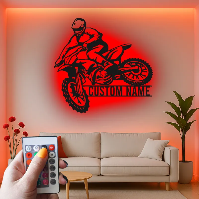 Personalisierte Metall-Wandkunst mit LED-Beleuchtung für Motocross-Fahrer – Geschenk für Dirtbike-Enthusiasten, Garage oder Spielzimmer Dekor