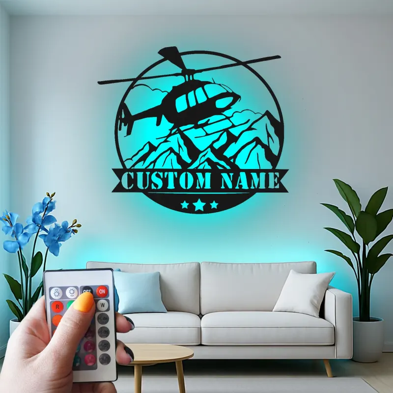 Custom Helicopter Metal Sign with LED | Personalized Pilot Gift | Aviation Wall Art for Office & Man Cave