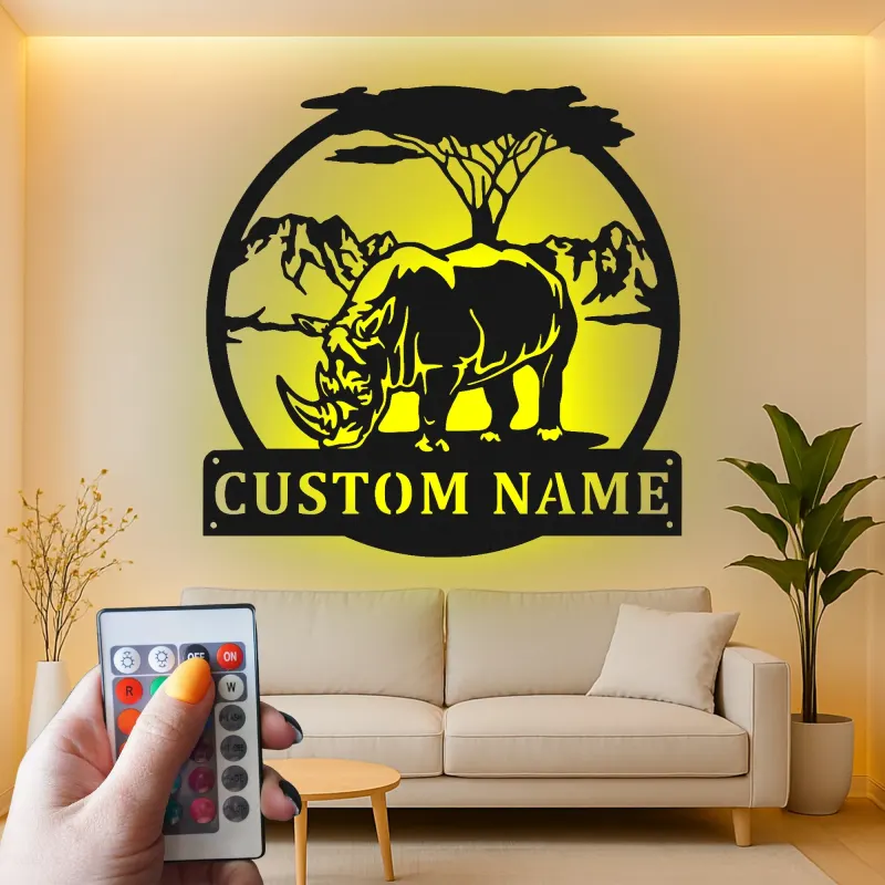 Custom Rhino Safari Led Light Metal Wall Art Personalized Wildlife Gift Living Room or Office Decor