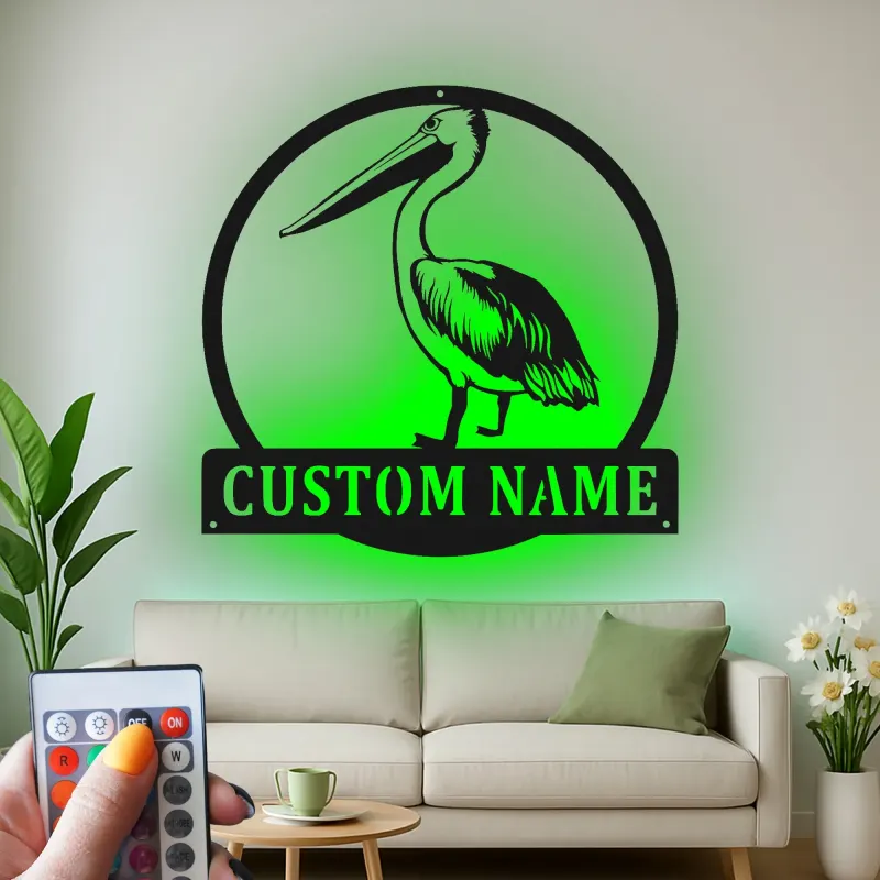 Cartel de metal LED personalizado de pelícano para regalo costero y decoración de casa de playa