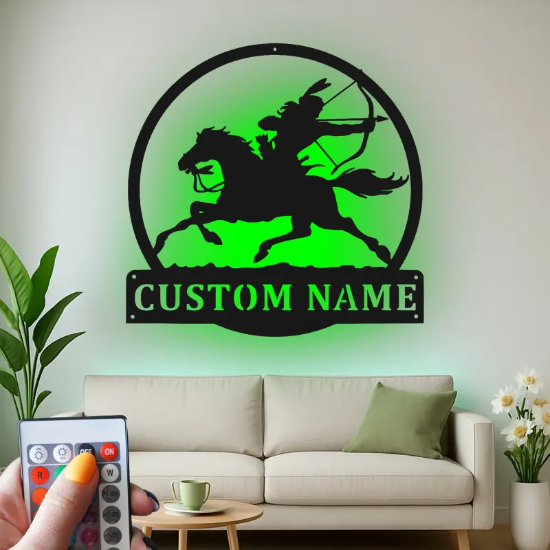 Letrero personalizado de arquero a caballo | Arte mural LED de metal personalizado | Regalo ecuestre para jinete | Decoración rústica para el hogar