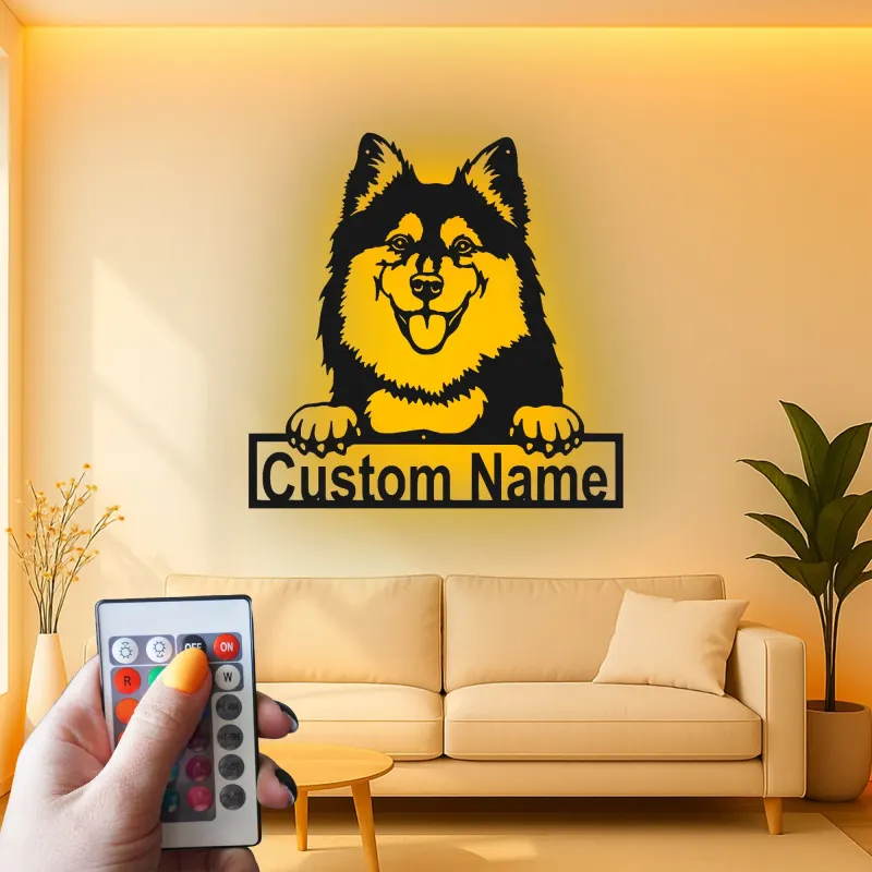 Décoration murale en métal personnalisée avec éclairage LED pour amoureux des chiens - Lapphund finlandais