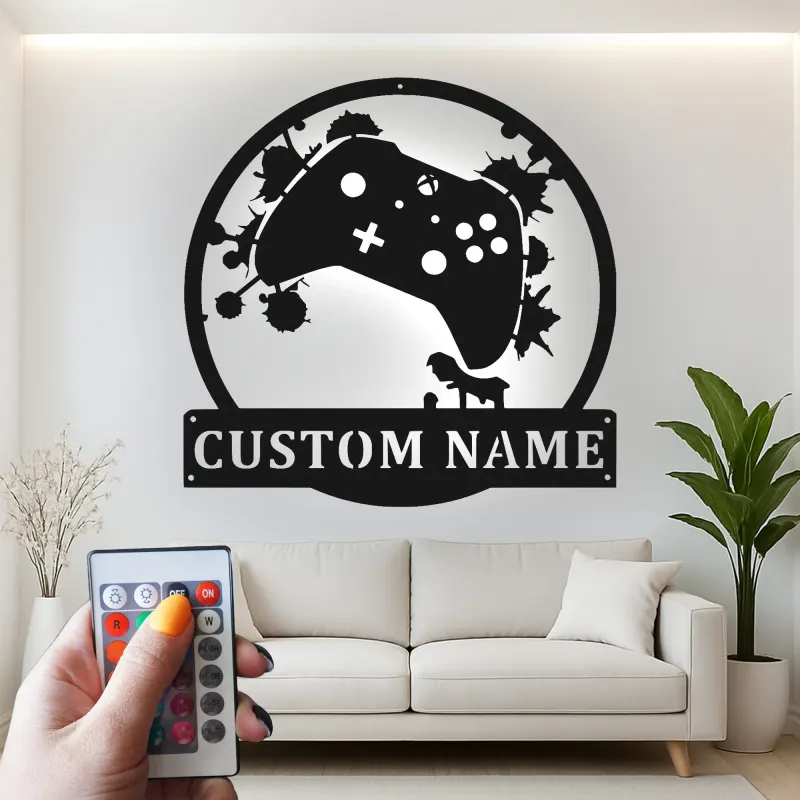 Insegna gamer personalizzata | Insegna LED in metallo personalizzata | Decorazione per sala giochi per ragazzi e uomini | Targa luminosa con controller e nome