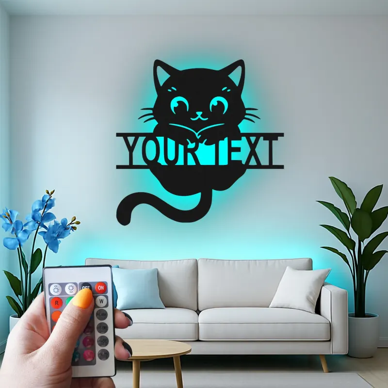 Décoration murale en métal personnalisée en forme de silhouette de chat avec rétroéclairage LED - Cadeau pour les amoureux des chats - Décor de chambre ou de salon 2