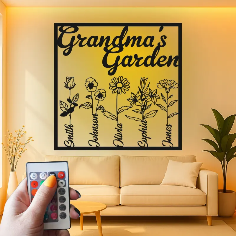 Personalisiertes Omas Garten Schild | Individuelle Metall-Wandkunst mit LED-Lichtern | Familienname-Dekoration | Geschenk für Oma