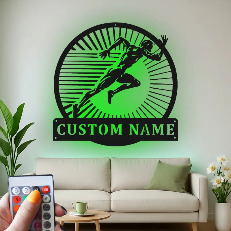 Custom Runner Name Sign | LED Metal Wall Art for Gym & Home | Personalized Track Athlete Gift | Sprint Silhouette Decor