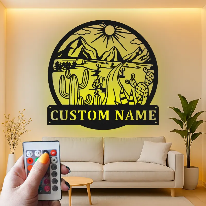 Décoration murale en métal personnalisée Paysage désertique avec rétroéclairage LED Cadeau pour les amoureux de la nature Décor de salon ou de bureau 1
